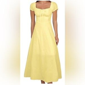 Yellow Midi Corset Boho Flowy  Casual A Line Sundress Bubble Sleeve Dress NWT